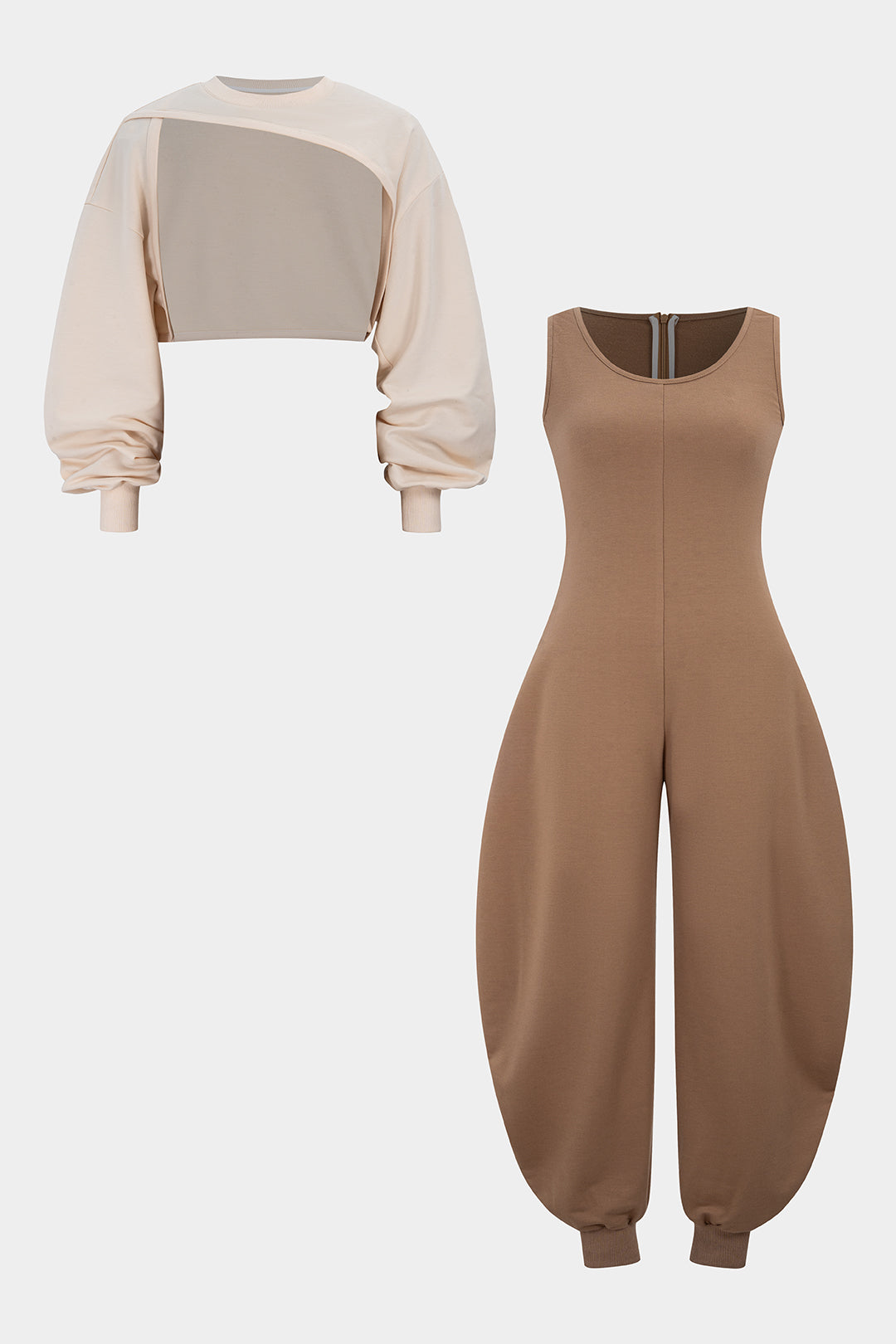 Conjunto de top de manga larga y mono sin mangas de talla grande en color liso